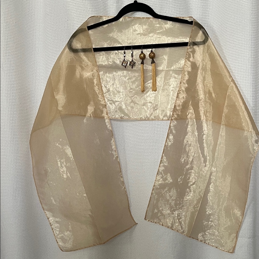 Sheer Champagne Organza Wrap Shawl 2 pairs earrings gift set Easter Mother’s Day